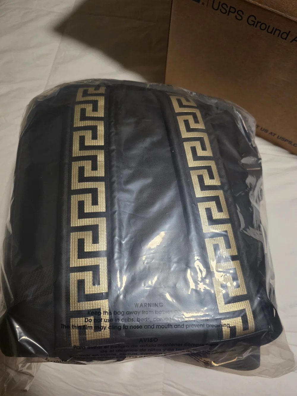 Versace Parfums Black/Gold Greek Key Backpack. NWT